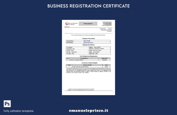 certificato del contribuente Kenya stile verificato modello Word e PDF